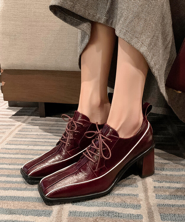 2025 Chic Splicing Lace Up Chunky Heel Mulberry Cowhide Leather YR040 ABC