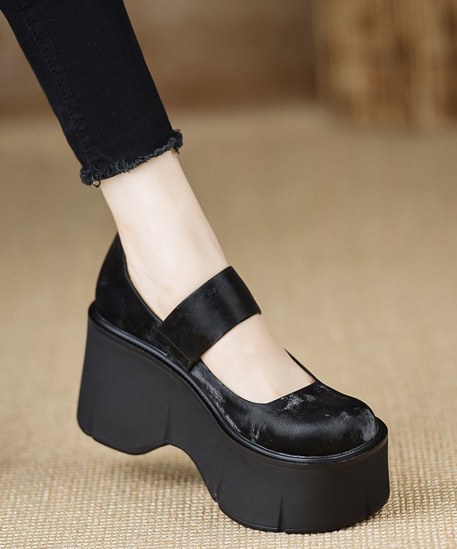 Satin High Strap Splicing 2025 Buckle Heels Brown Wedge New FashionChic