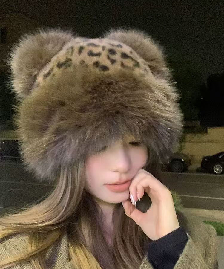 2025 New Leopard Print Thickened Warm Fuzzy Fur Hat RB045 ABC