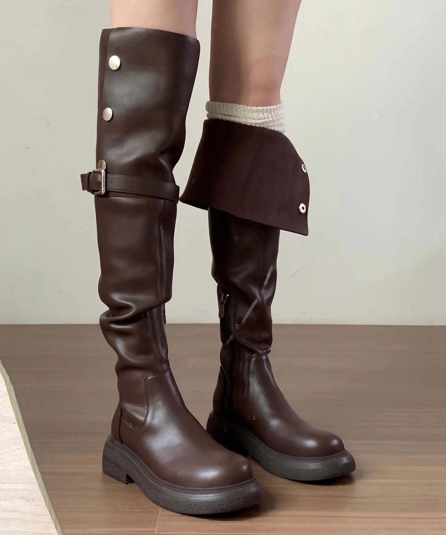 2025 New Versatile Brown Faux Leather Splicing Knee Boots YC009 ABC