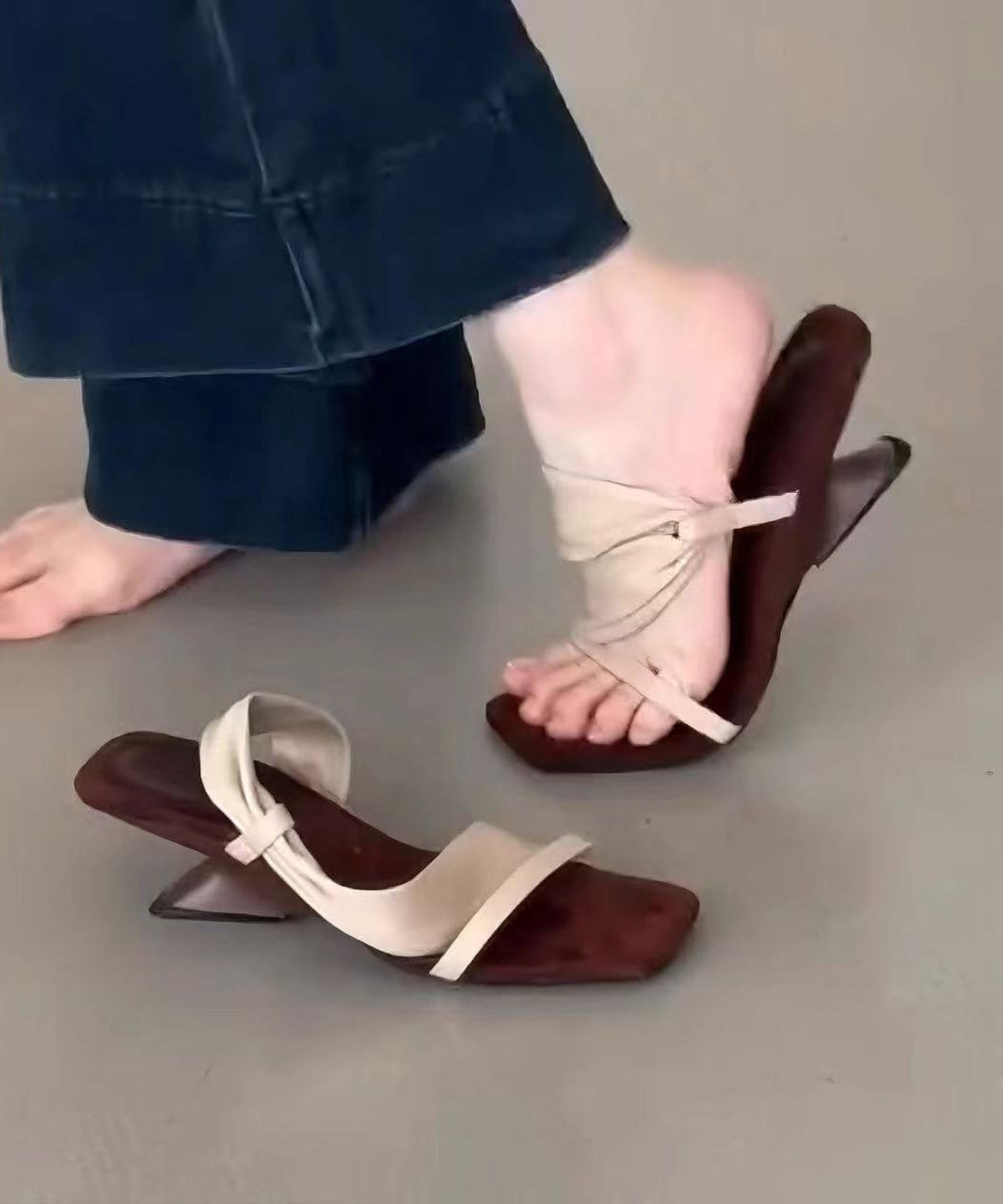 Toe Apricot Sandals Slide 2025 Splicing Pink Peep Leather Faux FashionChic