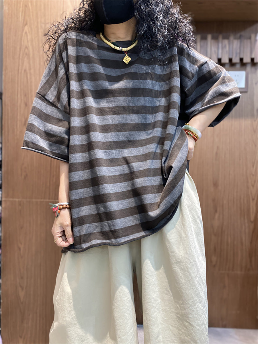 Shirt size Plus Women Summer Stripe O-Neck Colorblock FashionChic