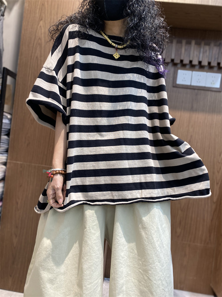 Shirt size Plus Women Summer Stripe O-Neck Colorblock FashionChic