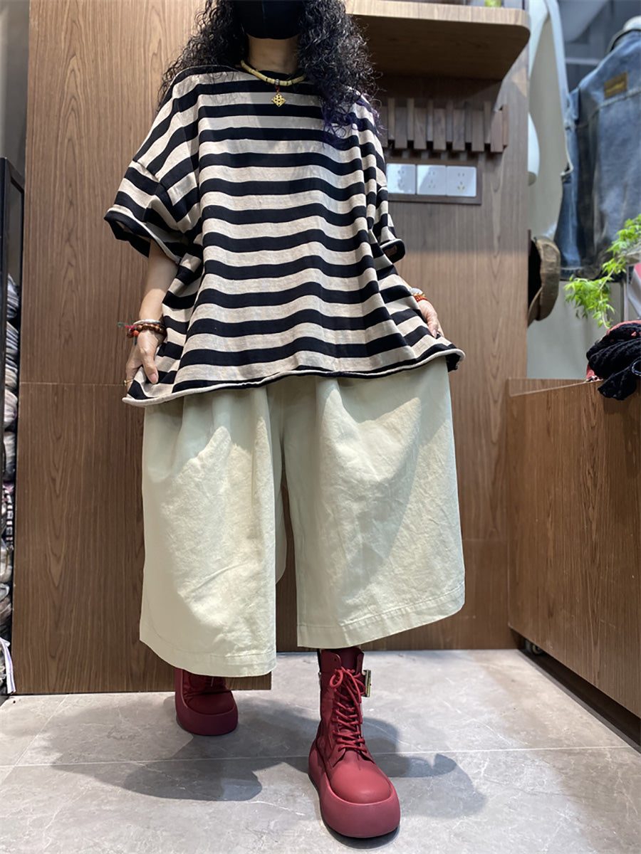 Shirt size Plus Women Summer Stripe O-Neck Colorblock FashionChic