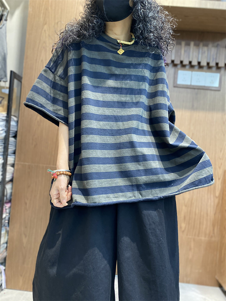 Shirt size Plus Women Summer Stripe O-Neck Colorblock FashionChic