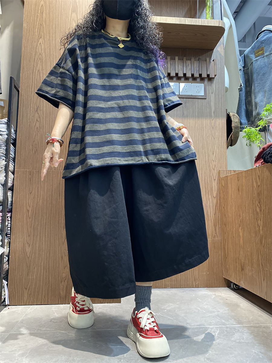 Shirt size Plus Women Summer Stripe O-Neck Colorblock FashionChic