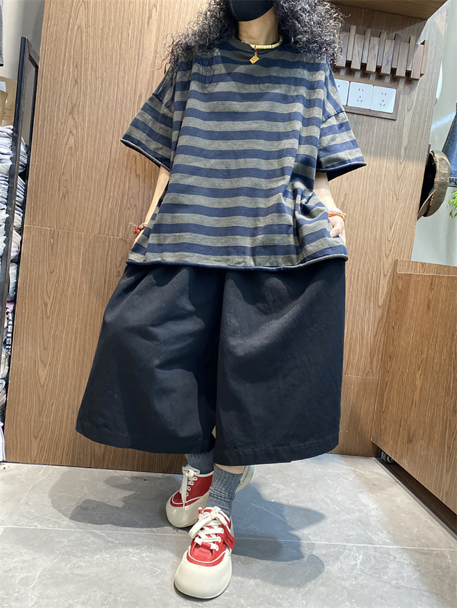 Shirt size Plus Women Summer Stripe O-Neck Colorblock FashionChic