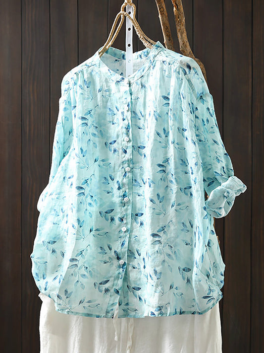 Flower Collar Shirt Women Summer 100%Ramie Stand Artsy FashionChic