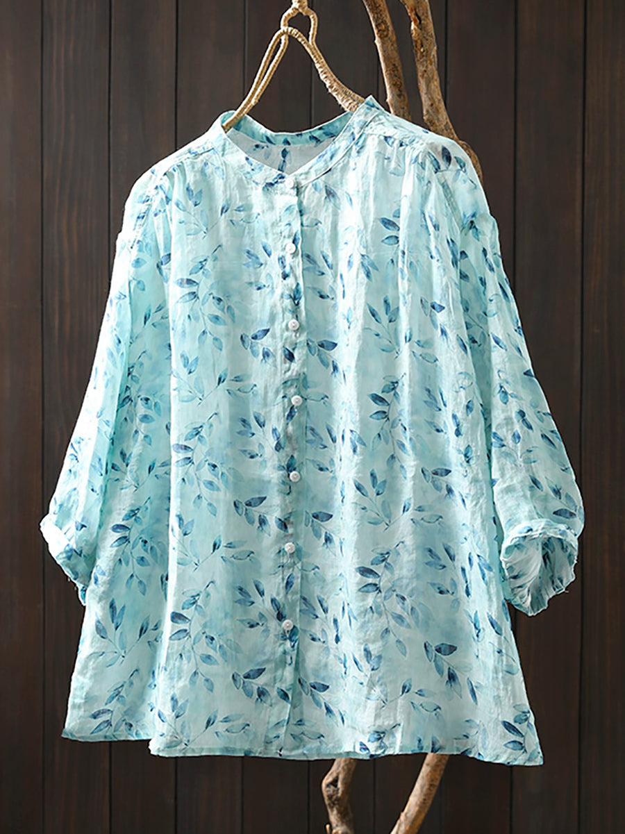 Flower Collar Shirt Women Summer 100%Ramie Stand Artsy FashionChic