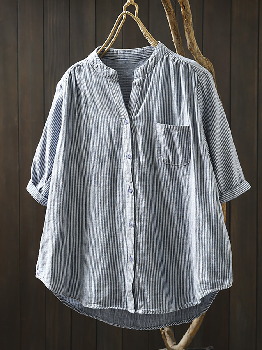 Summer Shirt Casual Stripe 100%Cotton Women V-Neck FashionChic