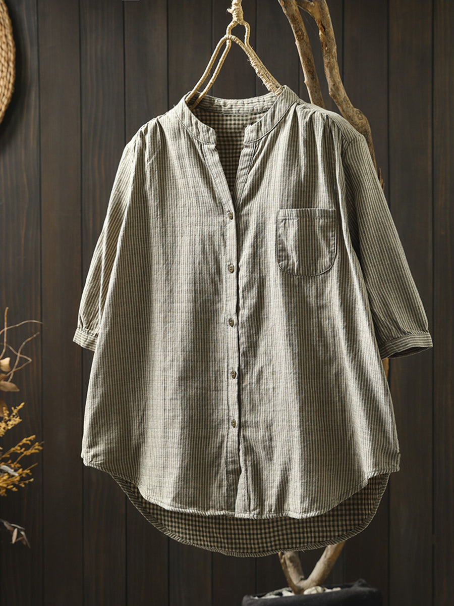 Summer Shirt Casual Stripe 100%Cotton Women V-Neck FashionChic