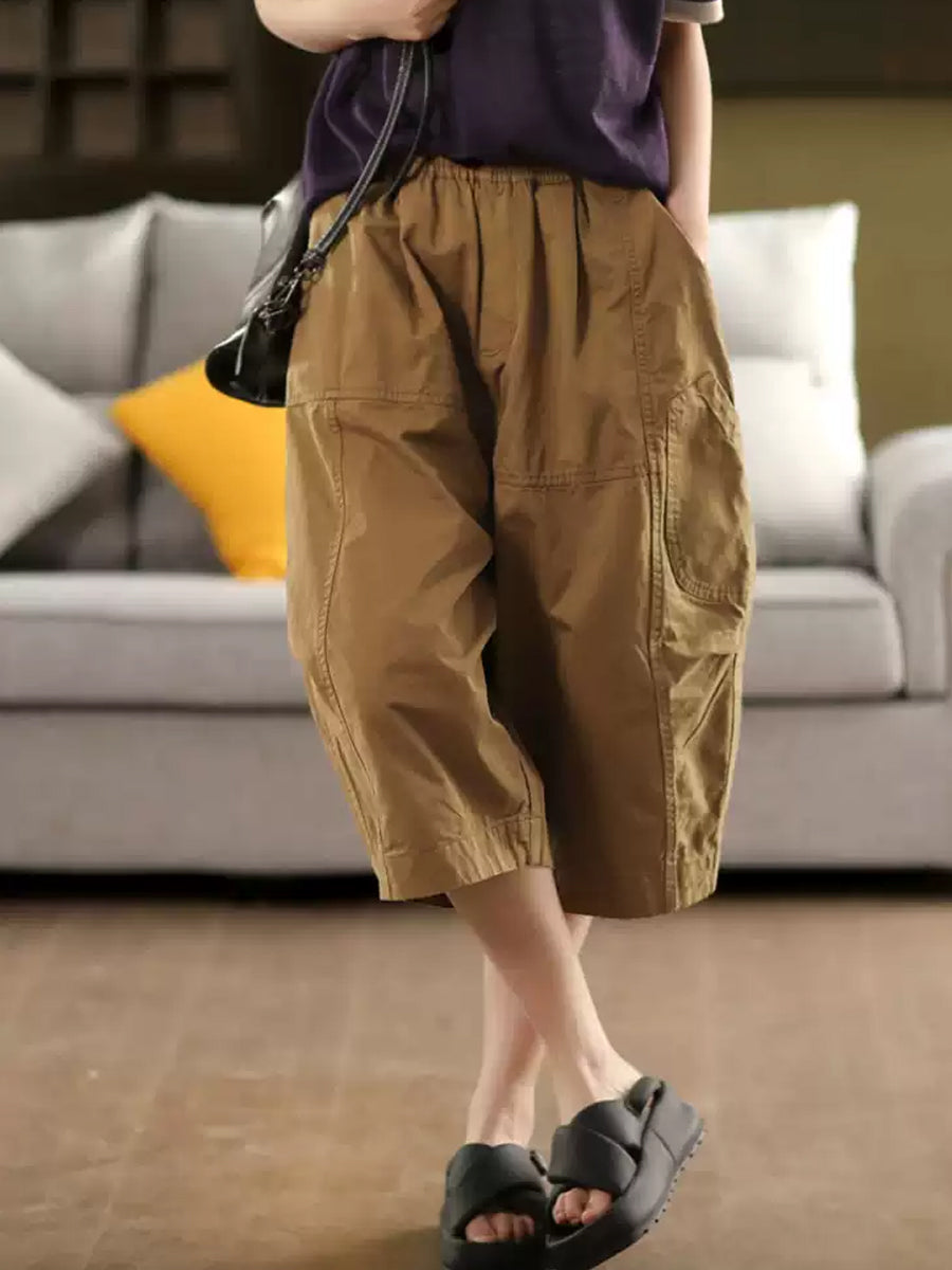 Pure Color Casual 100%Cotton Cropped Pants Women FashionChic