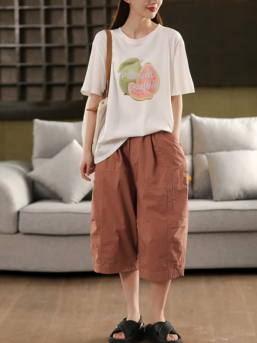 Pure Color Casual 100%Cotton Cropped Pants Women FashionChic