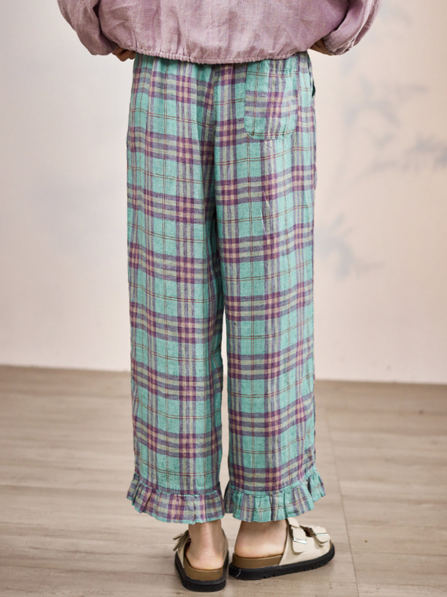 Artsy Pants Straight Women Summer Plaid 100%Linen FashionChic