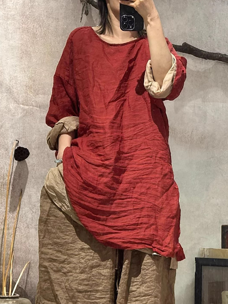 Women Artsy Shirt Ramie Summer O-Neck Pure Color FashionChic