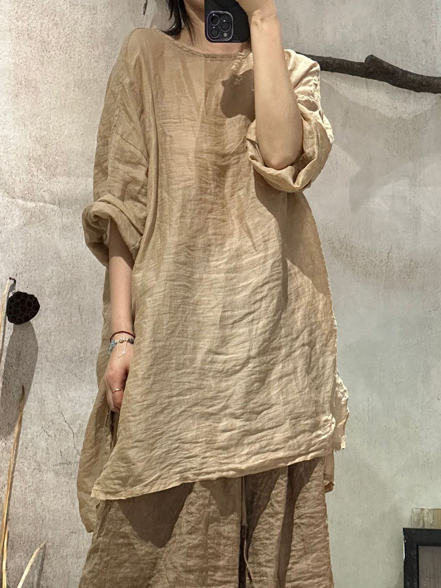 Women Artsy Shirt Ramie Summer O-Neck Pure Color FashionChic