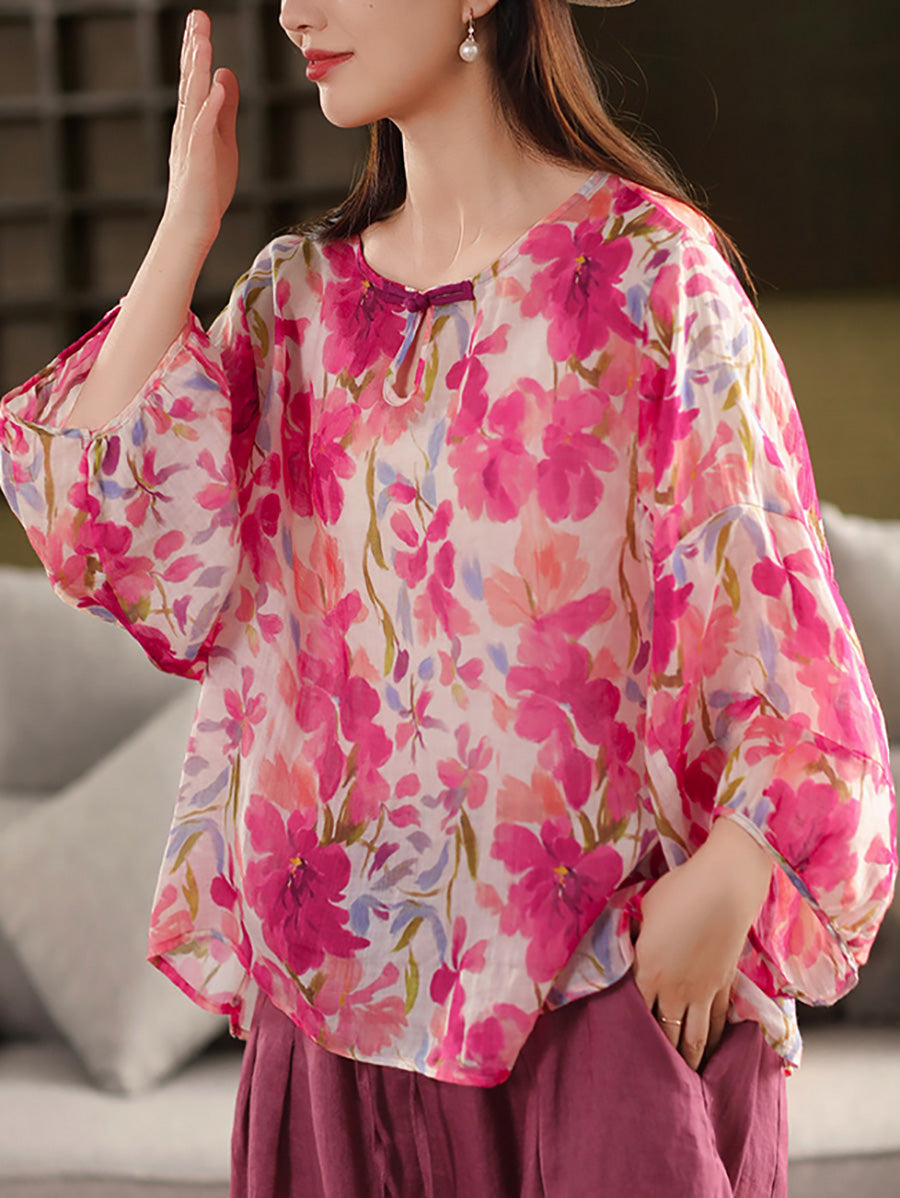 Flower Summer Shirt 100%Ramie O-Neck Artsy Women FashionChic