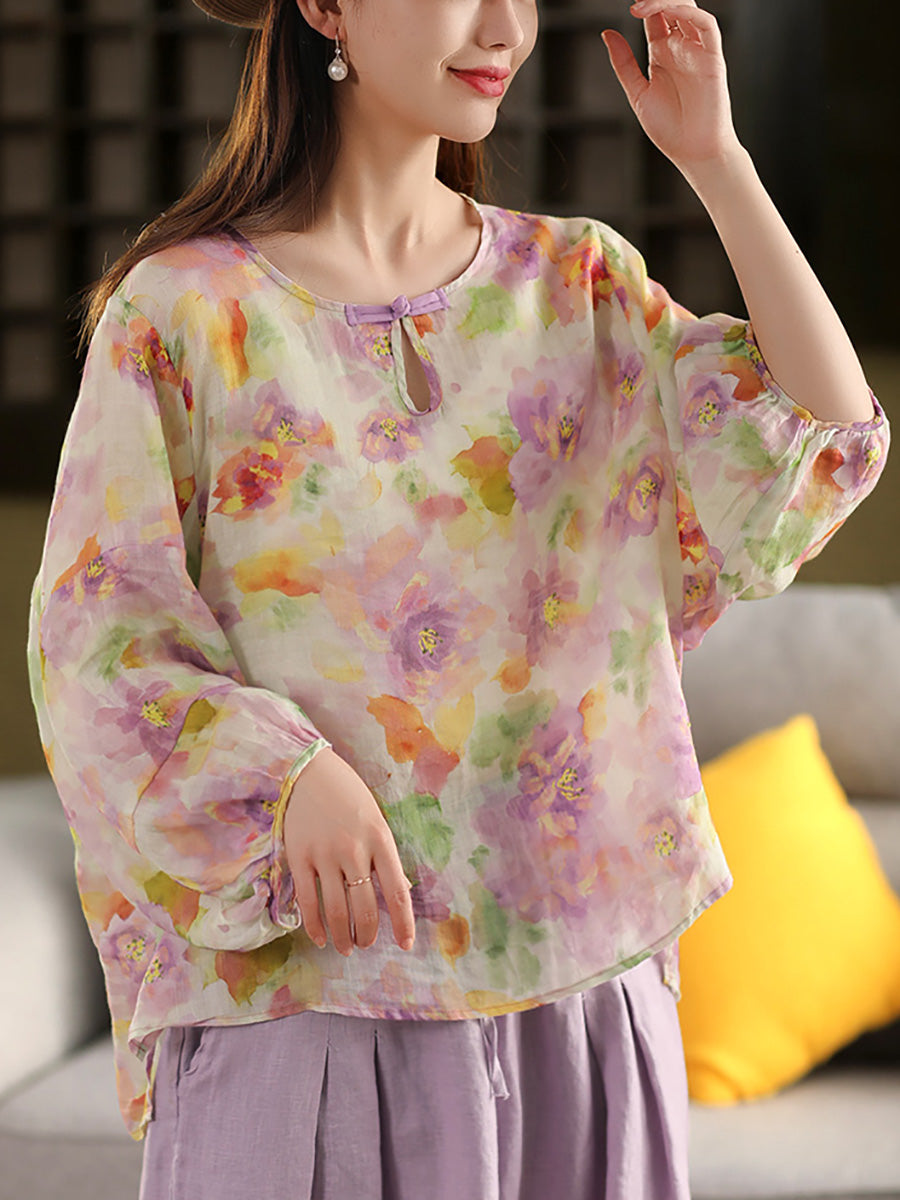 Flower Summer Shirt 100%Ramie O-Neck Artsy Women FashionChic