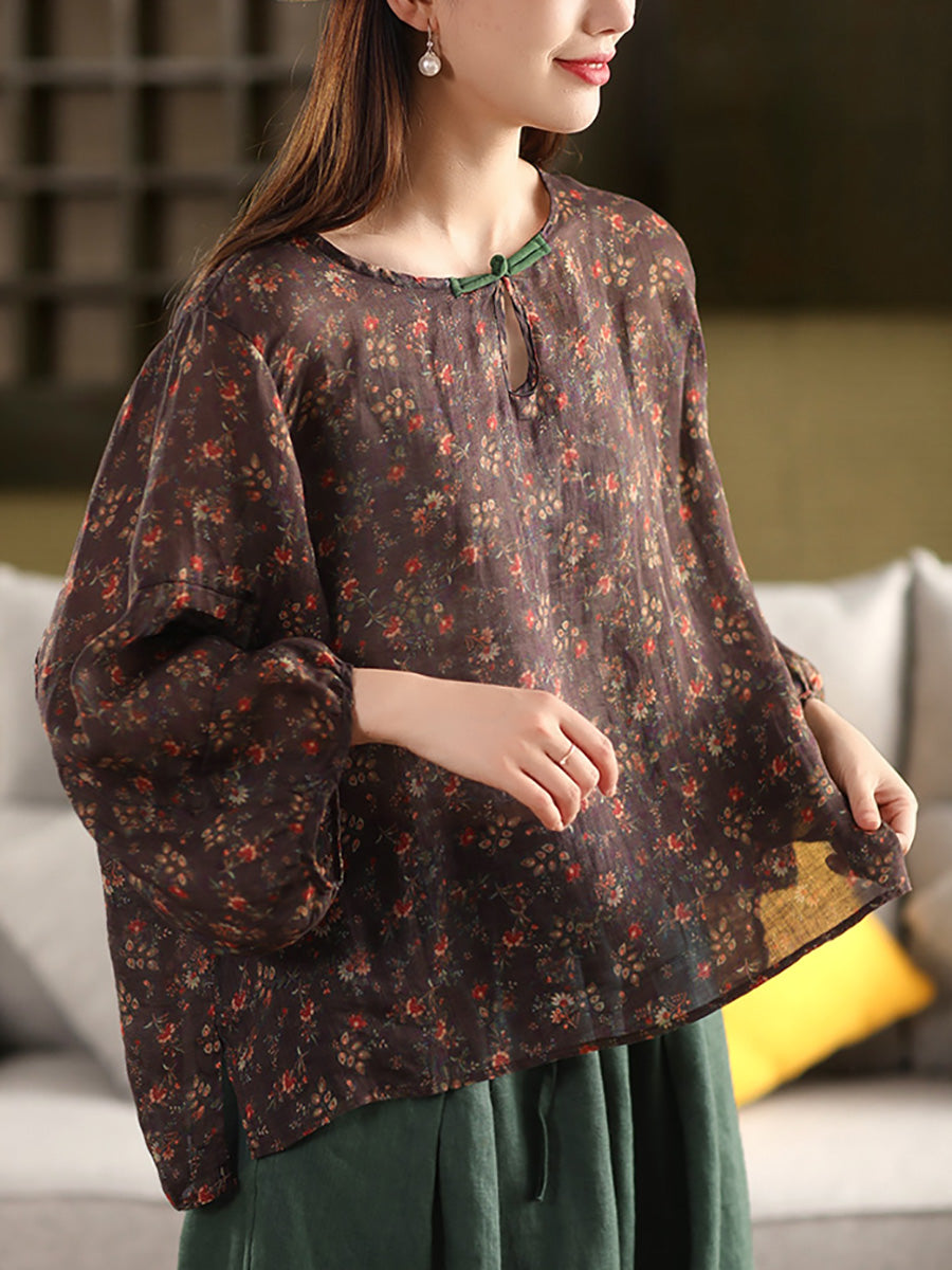 Flower Summer Shirt 100%Ramie O-Neck Artsy Women FashionChic