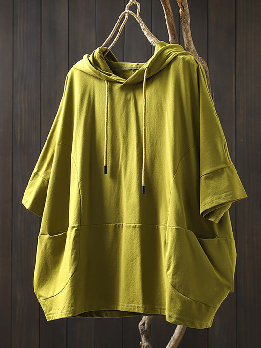 Shirt Women Summer Casual 100%Cotton Pure Color Hooded FashionChic
