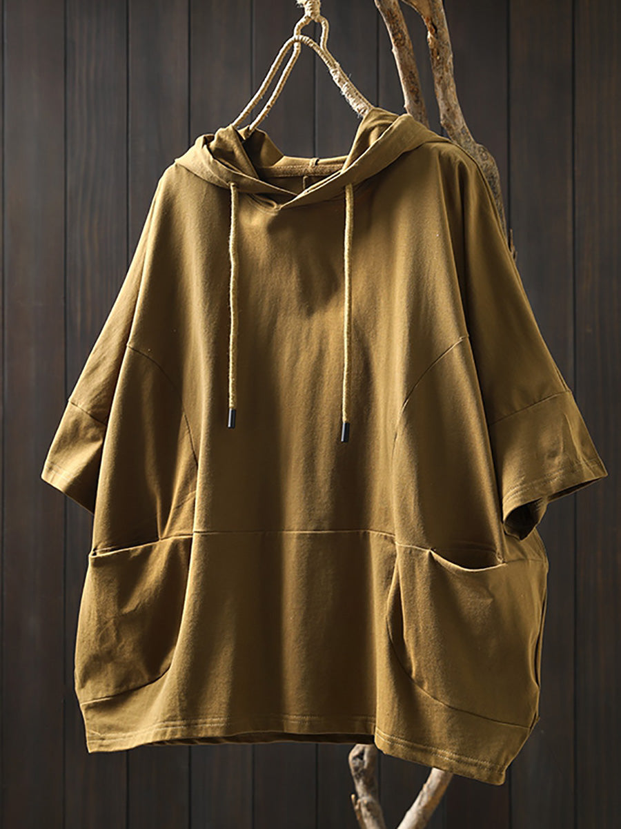 Shirt Women Summer Casual 100%Cotton Pure Color Hooded FashionChic