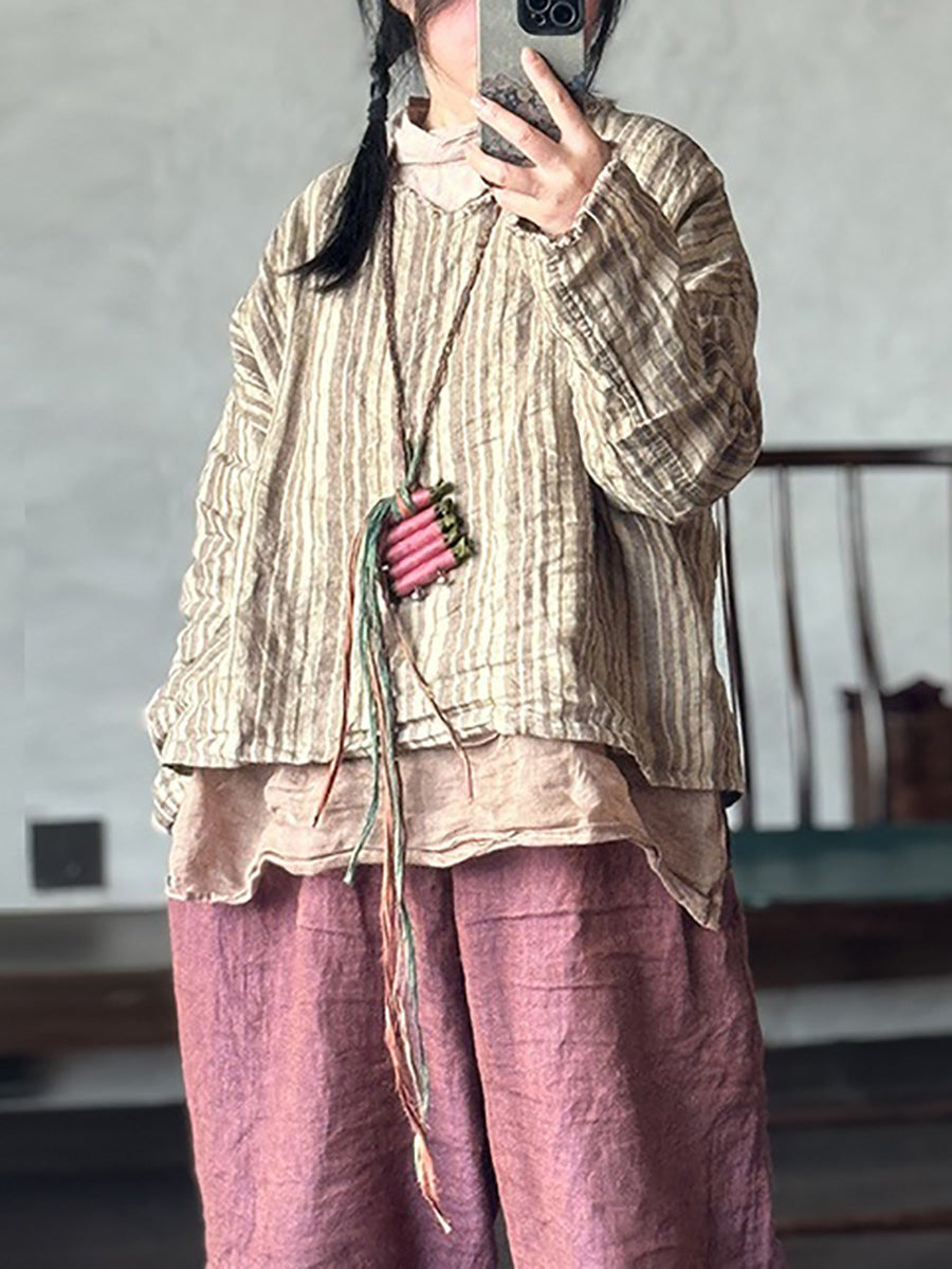 Retro Summer Women Shirt V-Neck Stripe Linen FashionChic