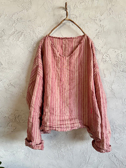 Retro Summer Women Shirt V-Neck Stripe Linen FashionChic