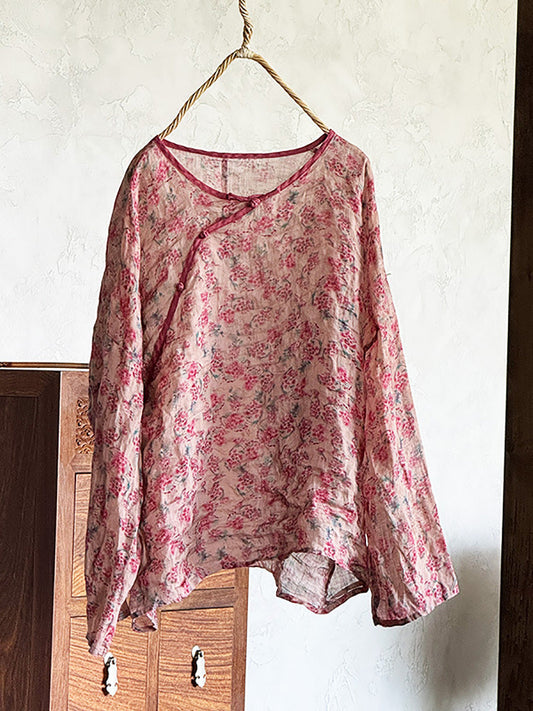 Shirt Women Floral O-Neck Ramie Summer Artsy FashionChic