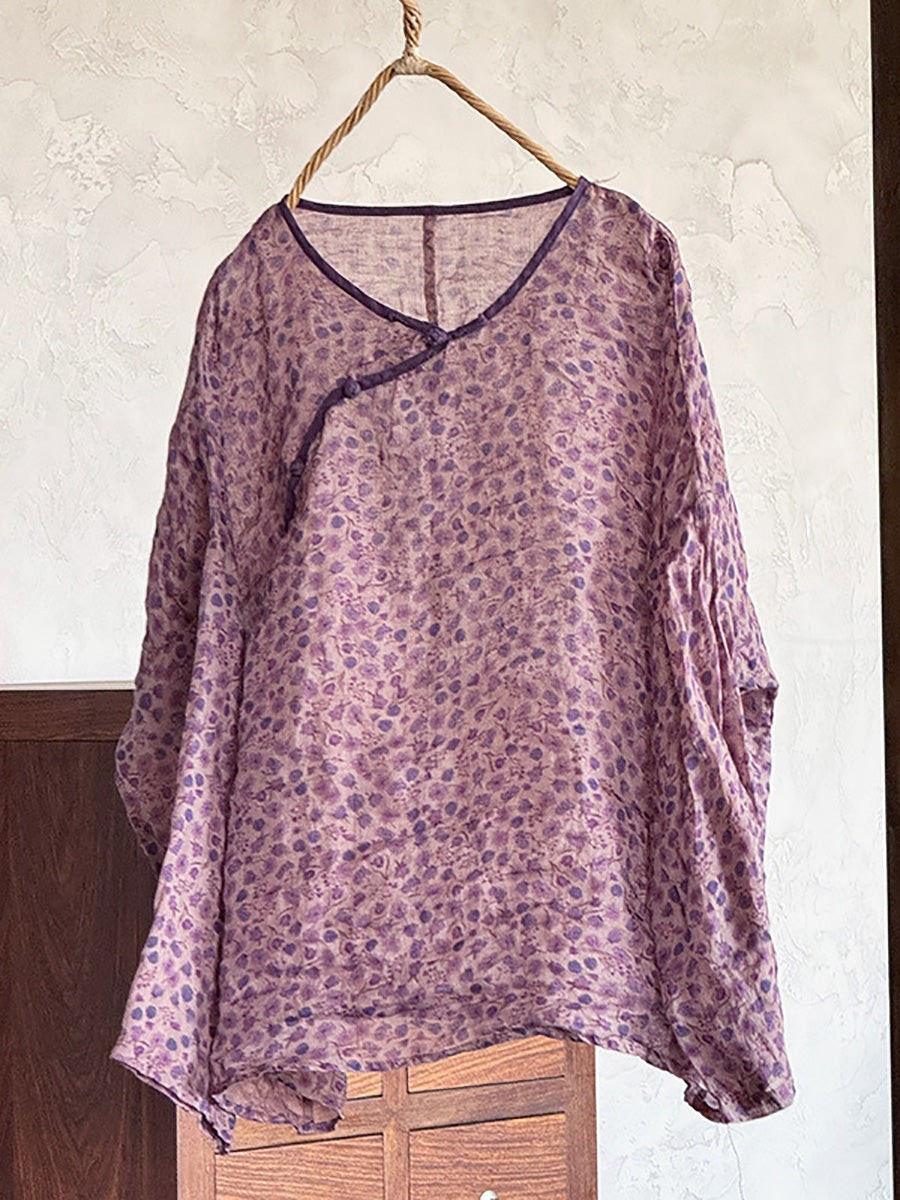 Shirt Women Floral O-Neck Ramie Summer Artsy FashionChic