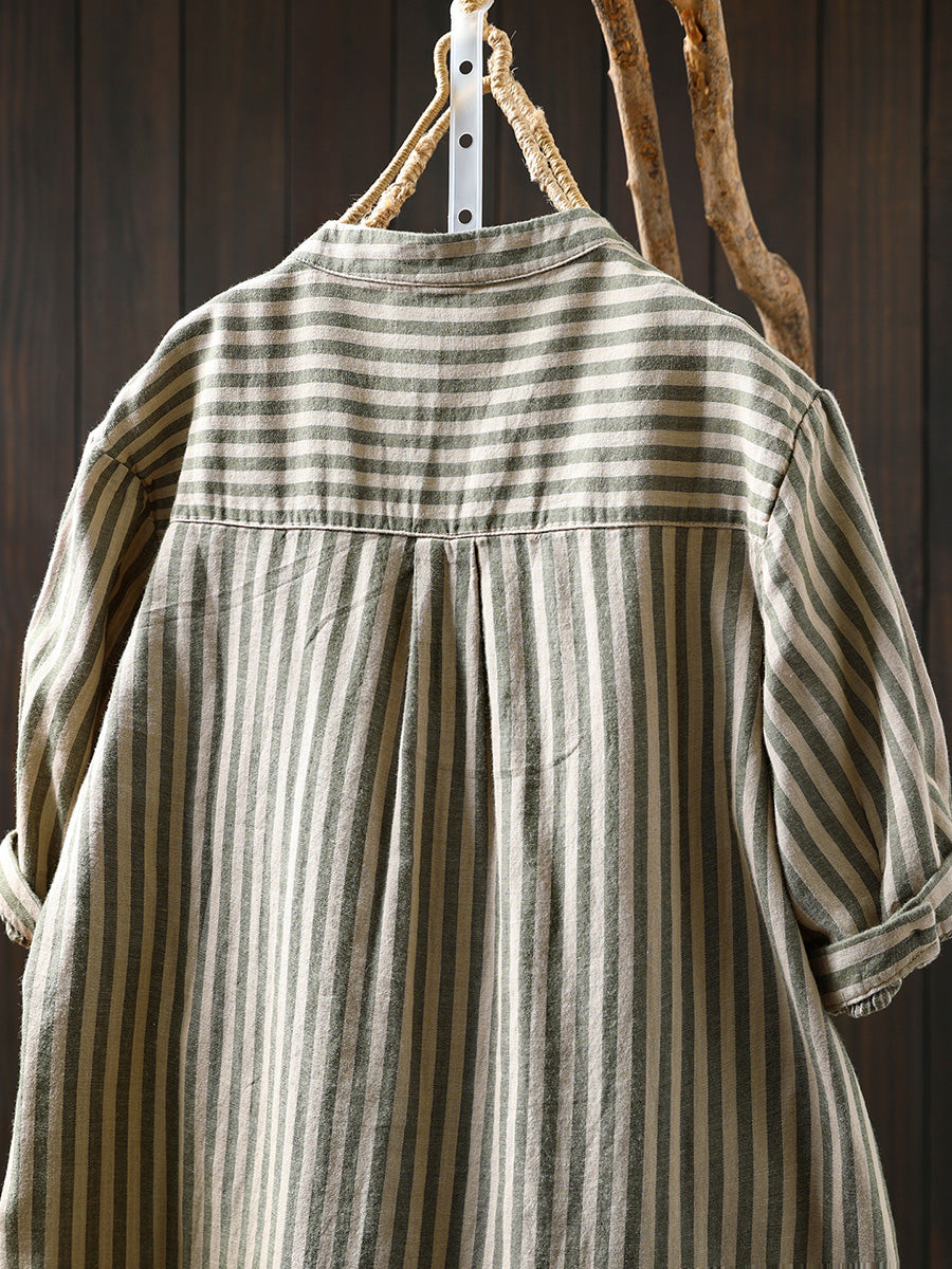 V-Neck Casual 100%Cotton Women Stripe Shirt Summer FashionChic