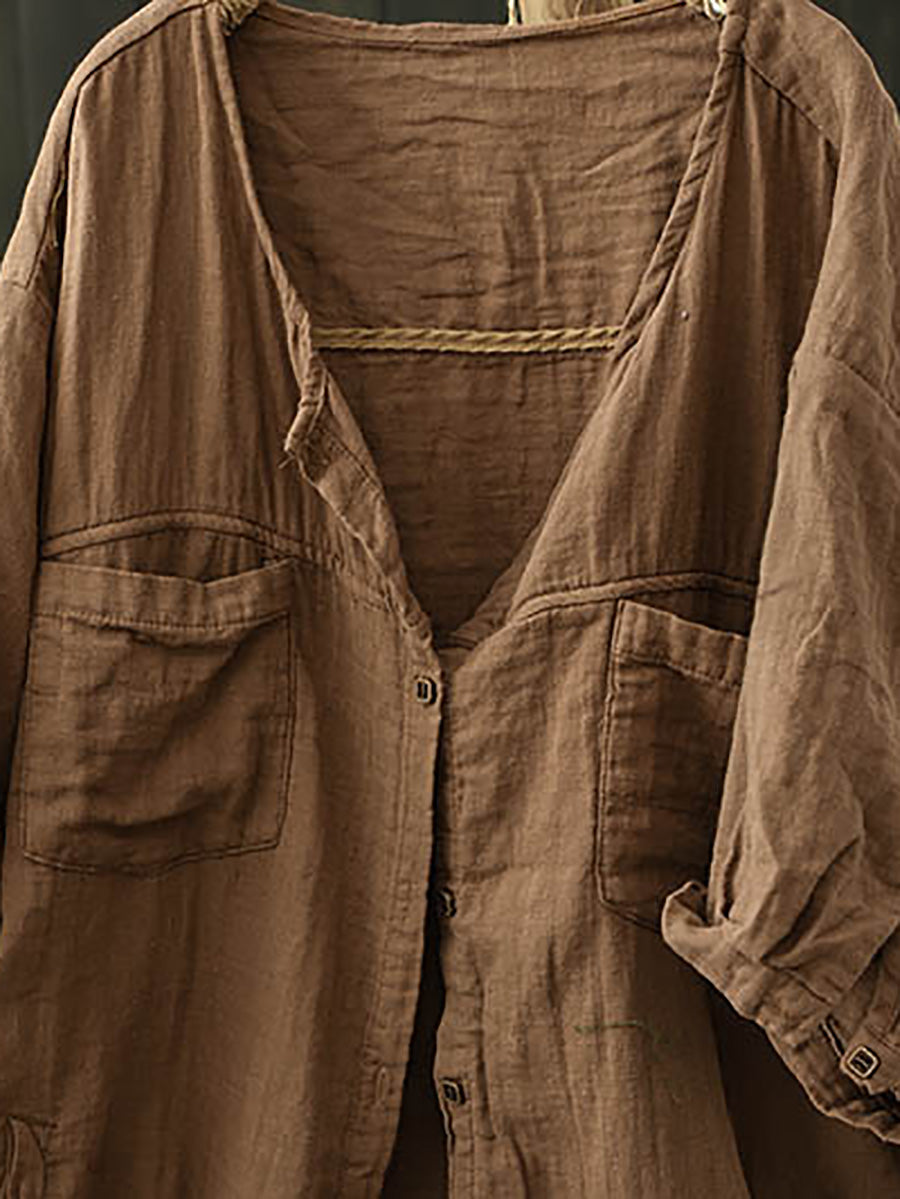 Pure Women Worn Color V-Neck Summer Cotton Shirt FashionChic