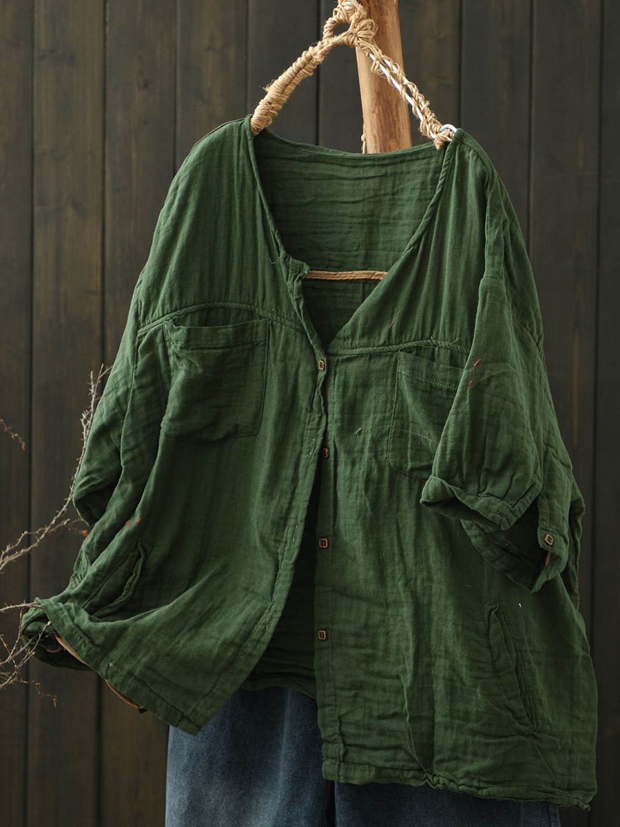 Pure Women Worn Color V-Neck Summer Cotton Shirt FashionChic