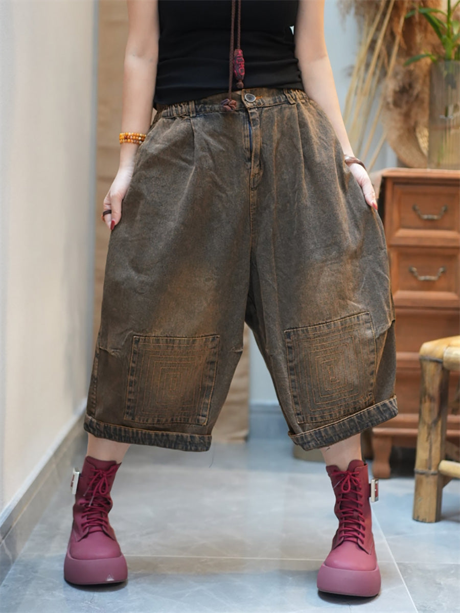 Women Denim Pants Wide-leg Worn Cropped FashionChic