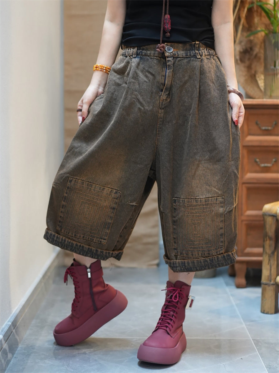 Women Denim Pants Wide-leg Worn Cropped FashionChic