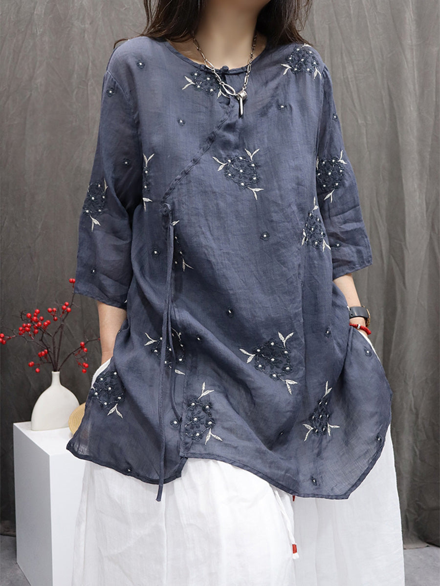Shirt Embroidery Flower 100%Ramie Summer Women O-Neck FashionChic