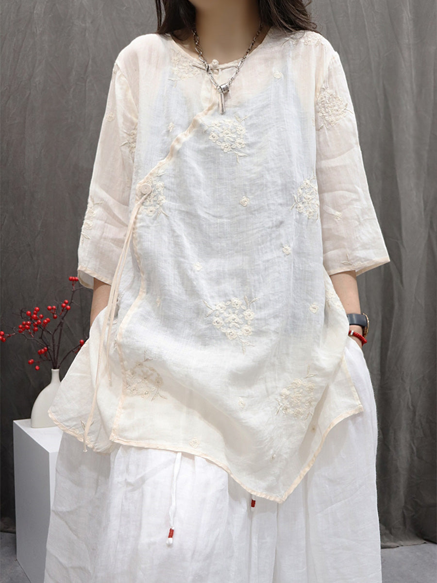 Shirt Embroidery Flower 100%Ramie Summer Women O-Neck FashionChic