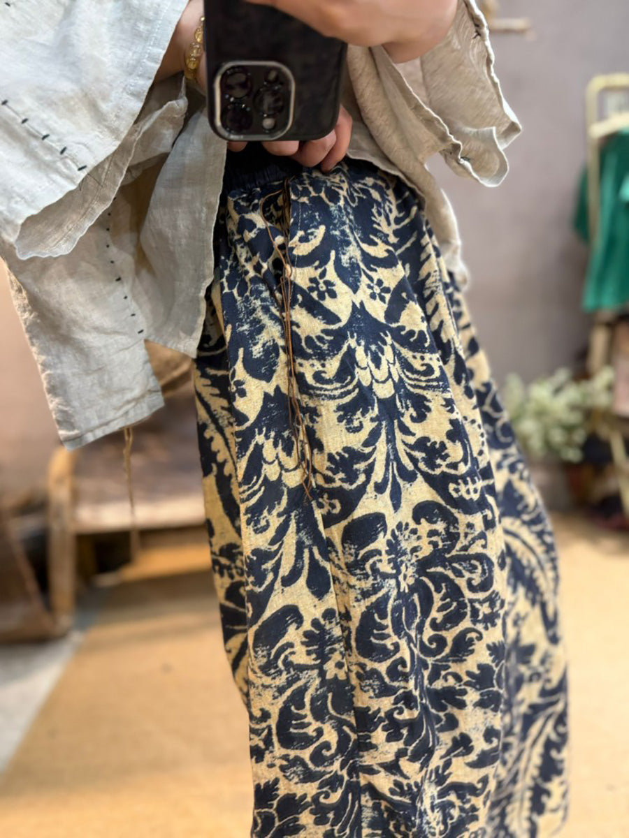 Retro Women Linen Flower Pants Summer Wide-leg FashionChic