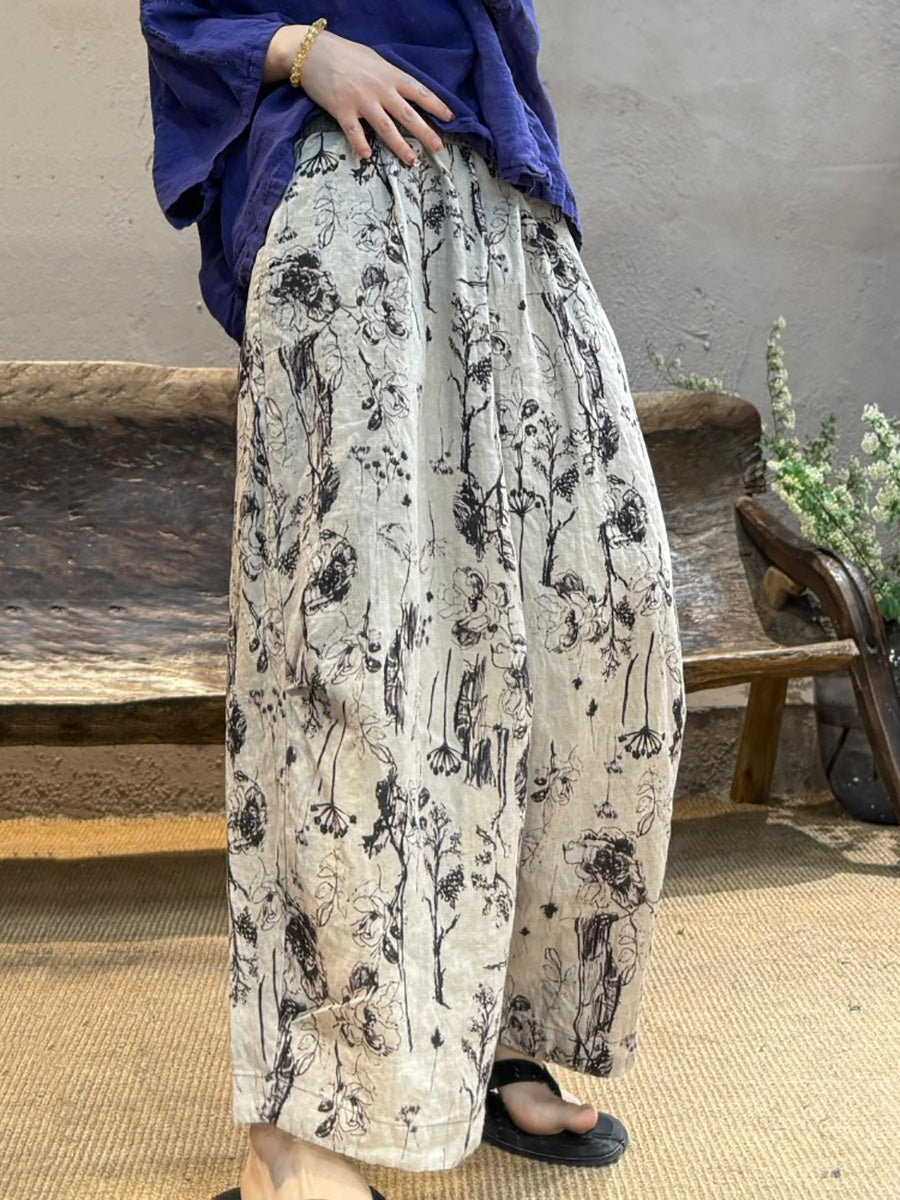 Retro Women Linen Flower Pants Summer Wide-leg FashionChic