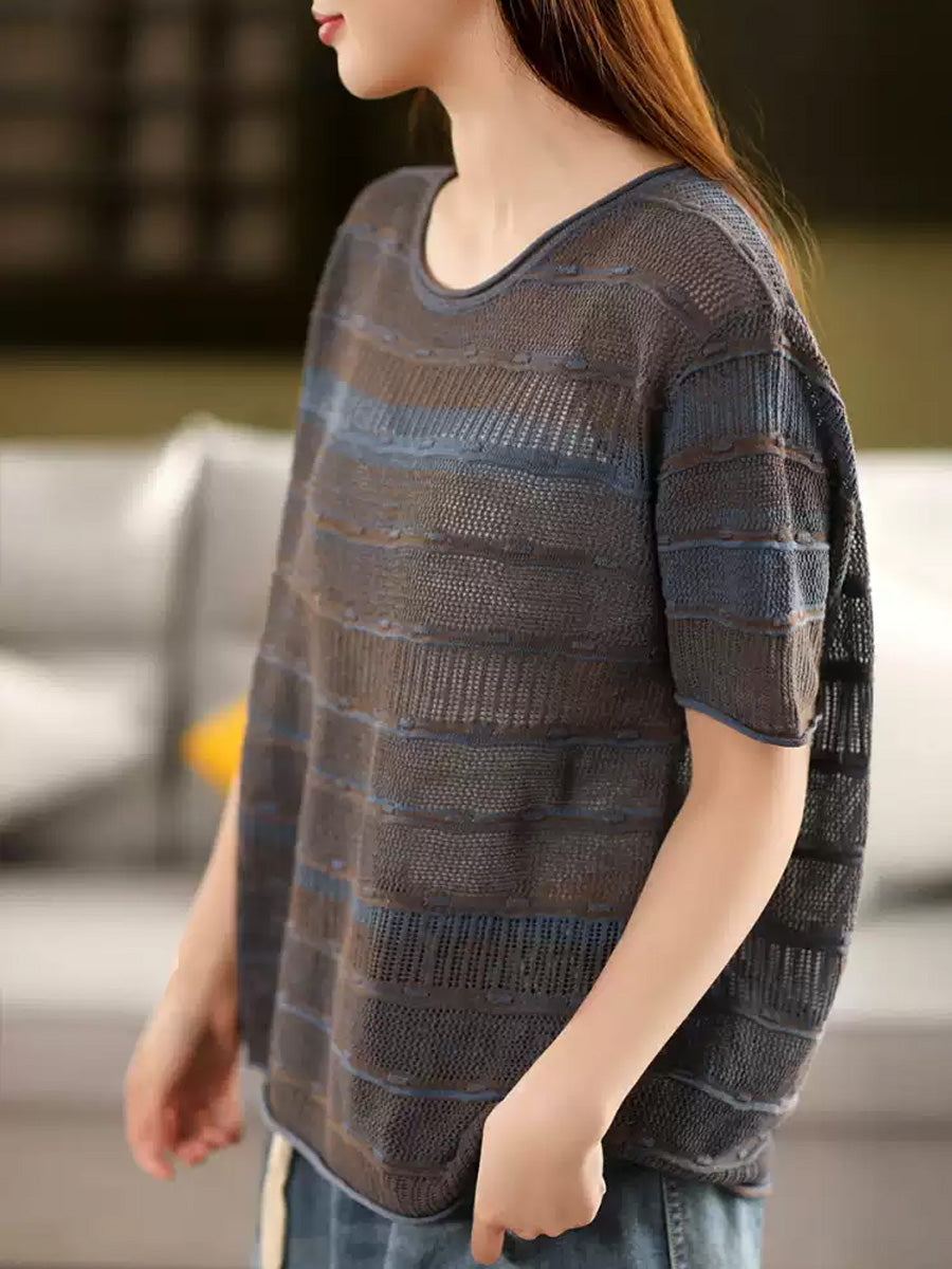 Summer O-Neck Stripe Shirt Knitted Casual Women FashionChic