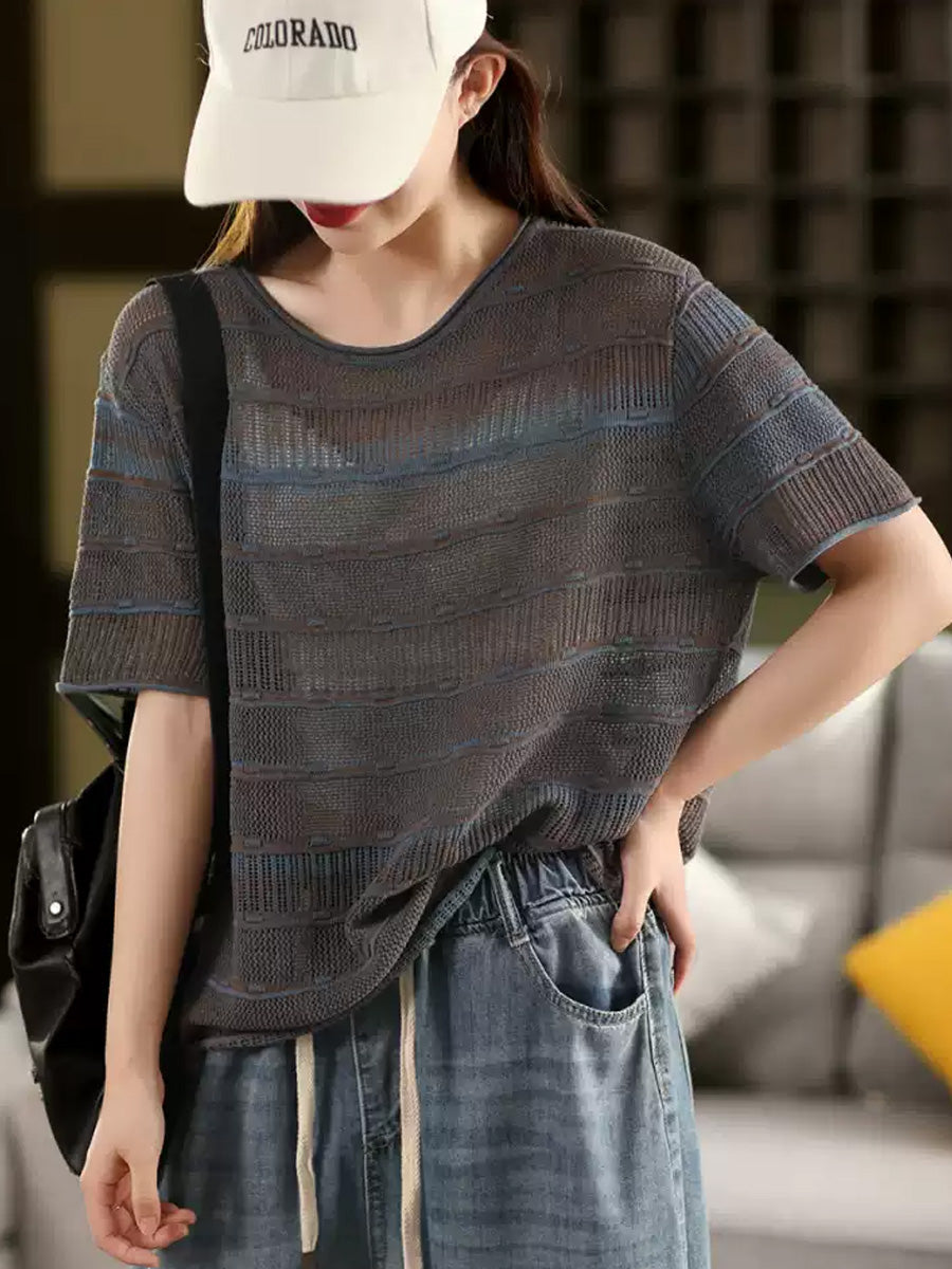 Summer O-Neck Stripe Shirt Knitted Casual Women FashionChic