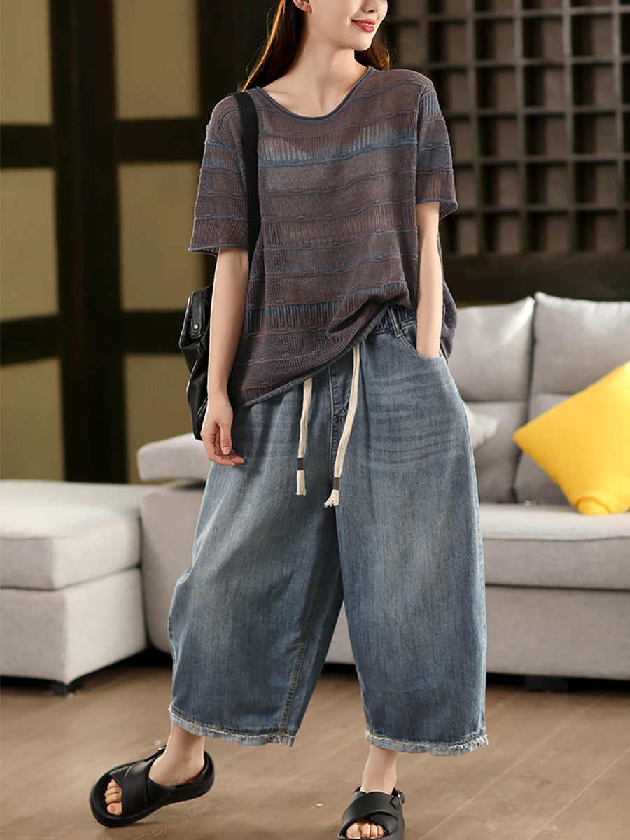 Summer O-Neck Stripe Shirt Knitted Casual Women FashionChic