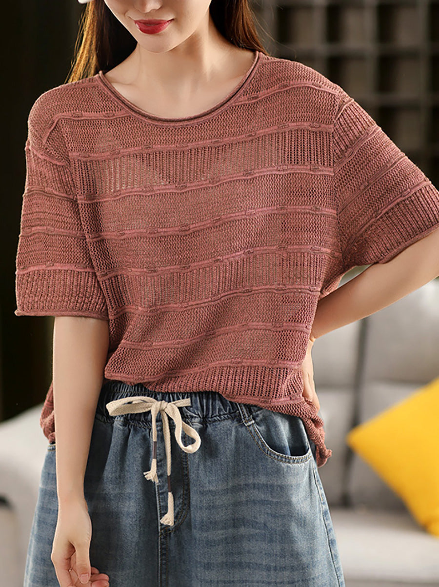 Summer O-Neck Stripe Shirt Knitted Casual Women FashionChic