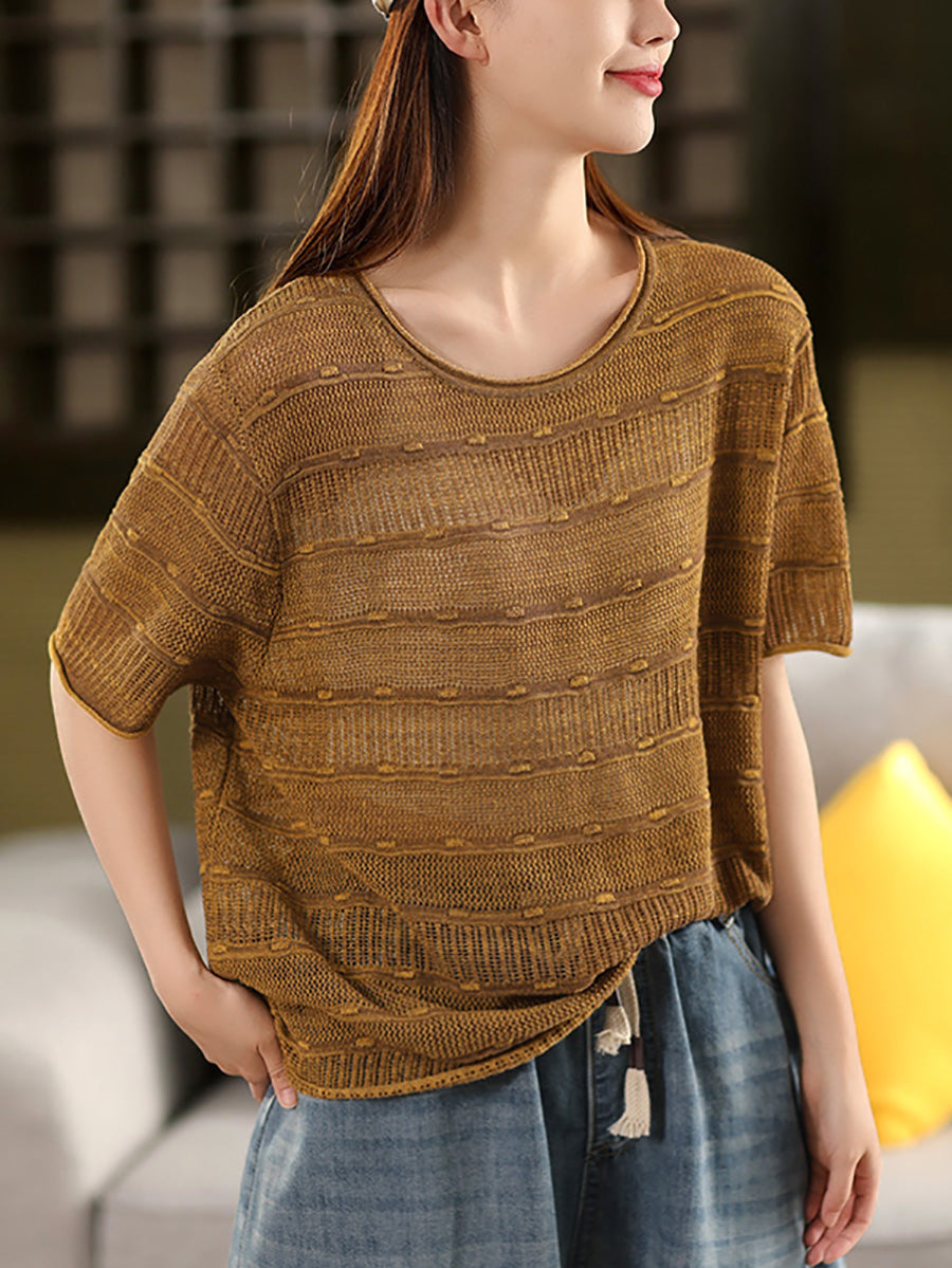 Summer O-Neck Stripe Shirt Knitted Casual Women FashionChic