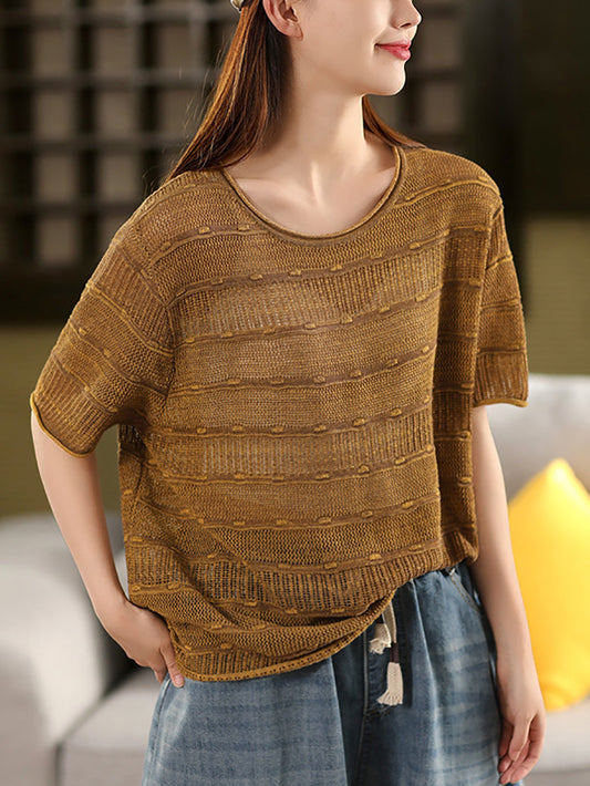 Summer O-Neck Stripe Shirt Knitted Casual Women FashionChic