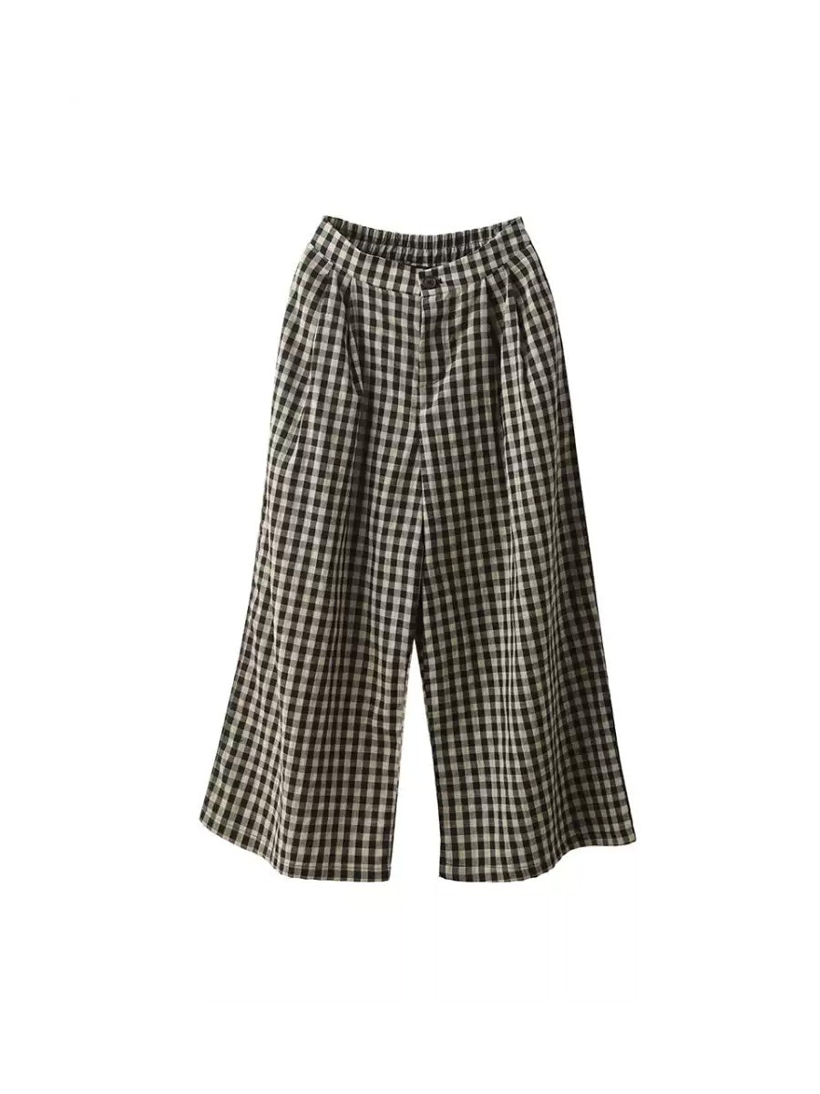 Pants Summer Women Cotton Wide-leg Vintage Plaid FashionChic