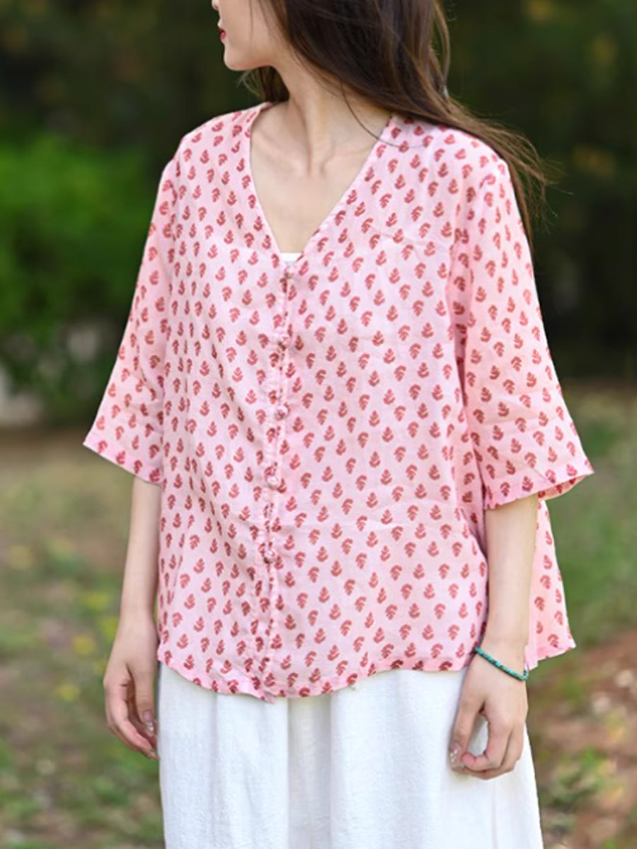 Floral Summer 100%Ramie Shirt Vintage V-Neck Women FashionChic
