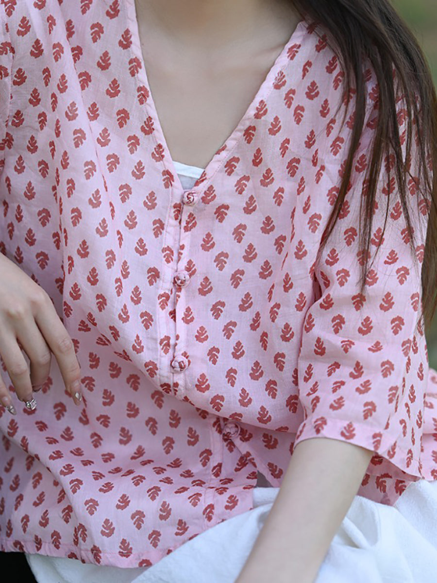 Floral Summer 100%Ramie Shirt Vintage V-Neck Women FashionChic
