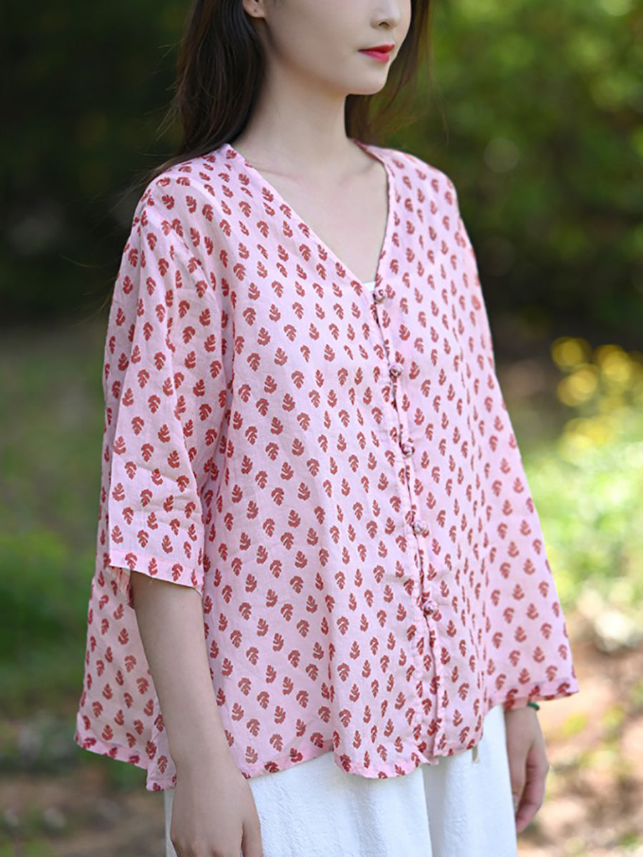 Floral Summer 100%Ramie Shirt Vintage V-Neck Women FashionChic
