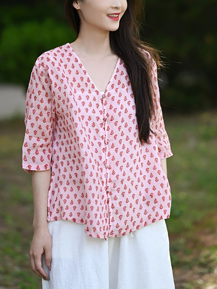 Floral Summer 100%Ramie Shirt Vintage V-Neck Women FashionChic