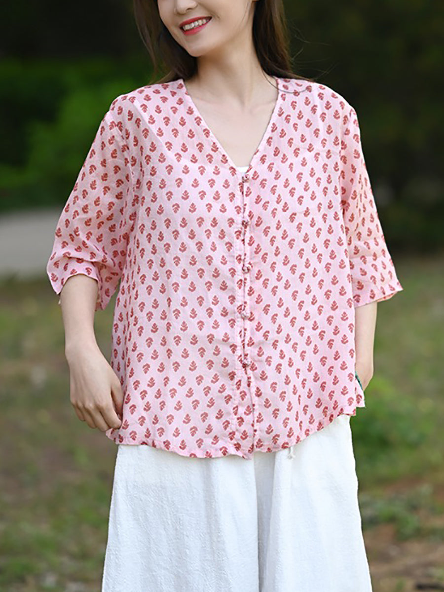 Floral Summer 100%Ramie Shirt Vintage V-Neck Women FashionChic